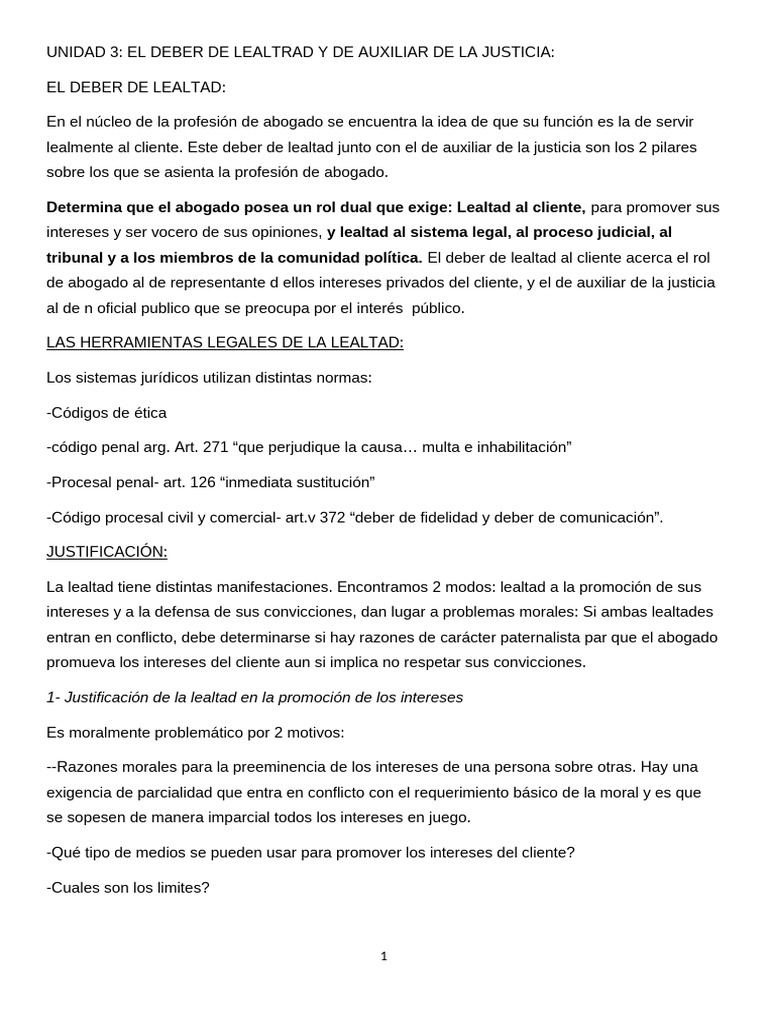 Unidad 3 El Deber de Lealtrad y de Auxiliar de La Justicia | PDF