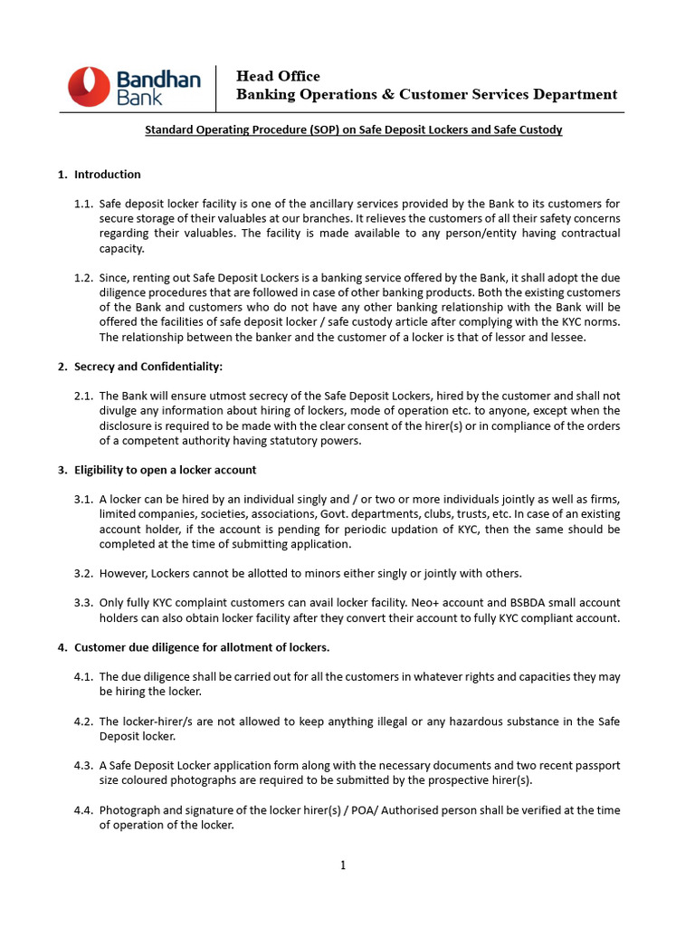 Bandhan Bank - Standard Operating Procedure (SOP) On Safe Deposit ...