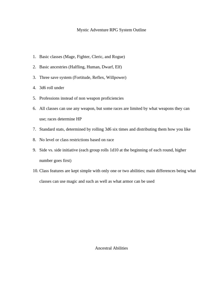 Mystic Adventure RPG System Outline v2 | PDF