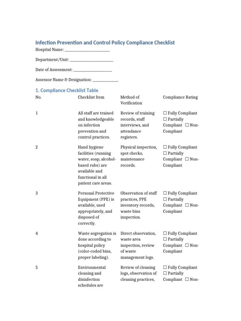 Infection Prevention and Control Policy Compliance Checklist | PDF ...