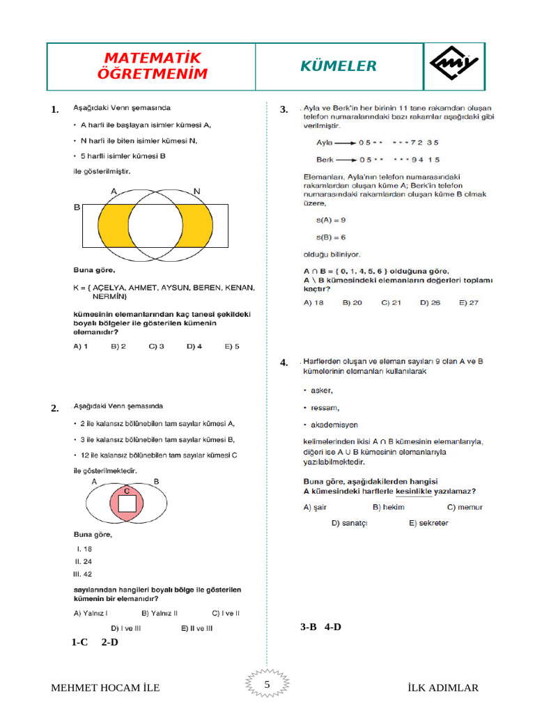 Kümeler Çıkmış Sorular Ve Ek Sorular | PDF