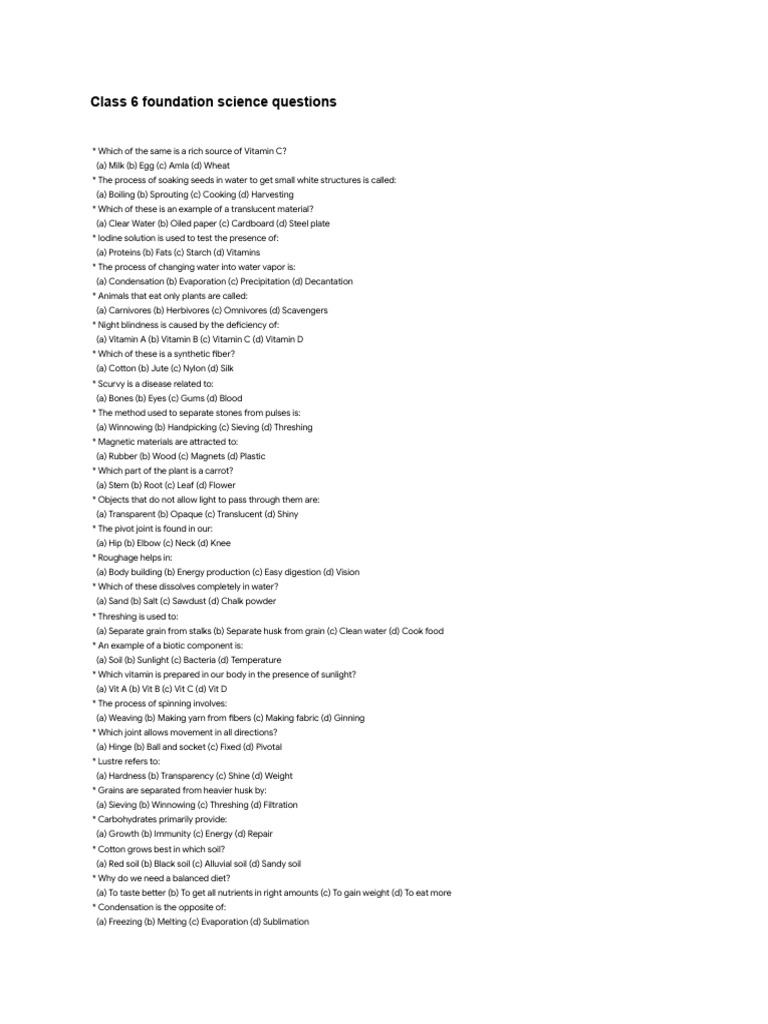 Class 6 Foundation Science Questions | PDF | Water | Vitamin