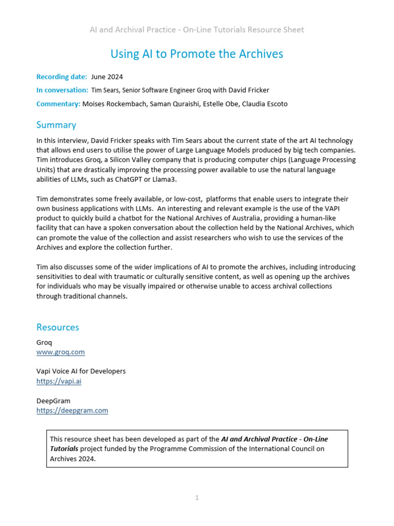 7 AI and Archival Practice AI To Promote The Archives Resource Sheet | PDF