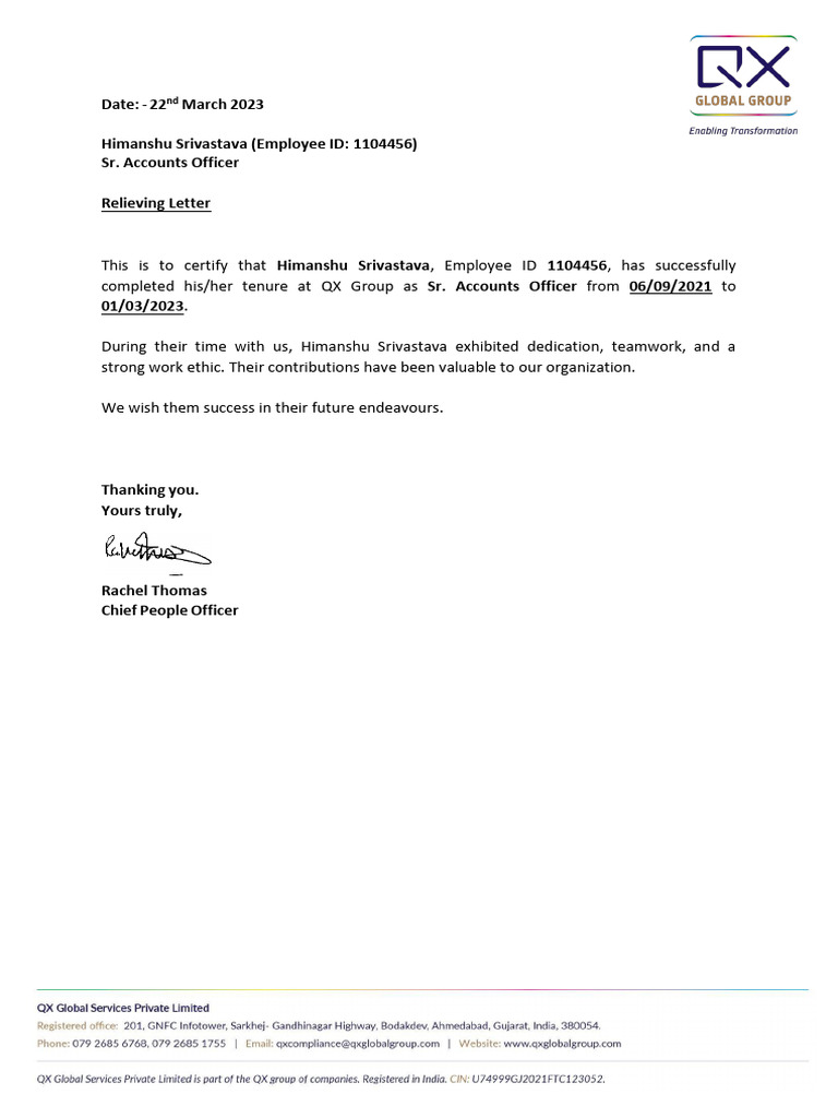 QX Relieving Letter | PDF