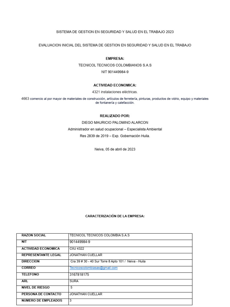 Sistema de Gestion en Seguridad y Salud en El Trabajo 2023 | PDF
