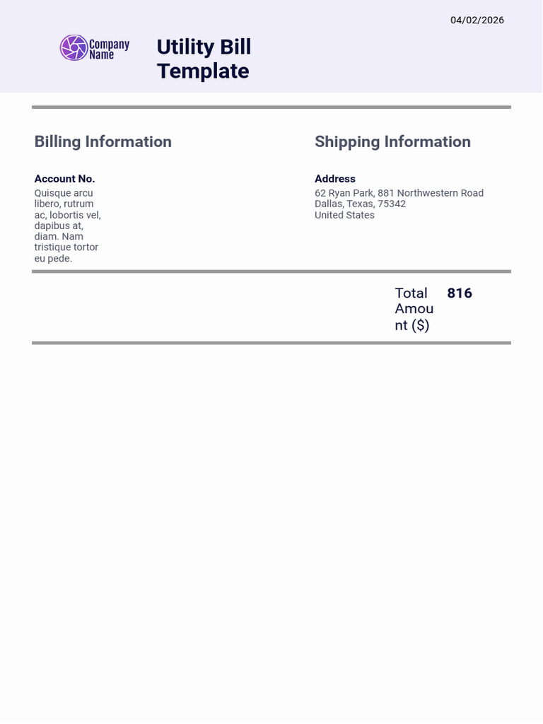 Utility Bill Template: Billing Information Shipping Information | PDF