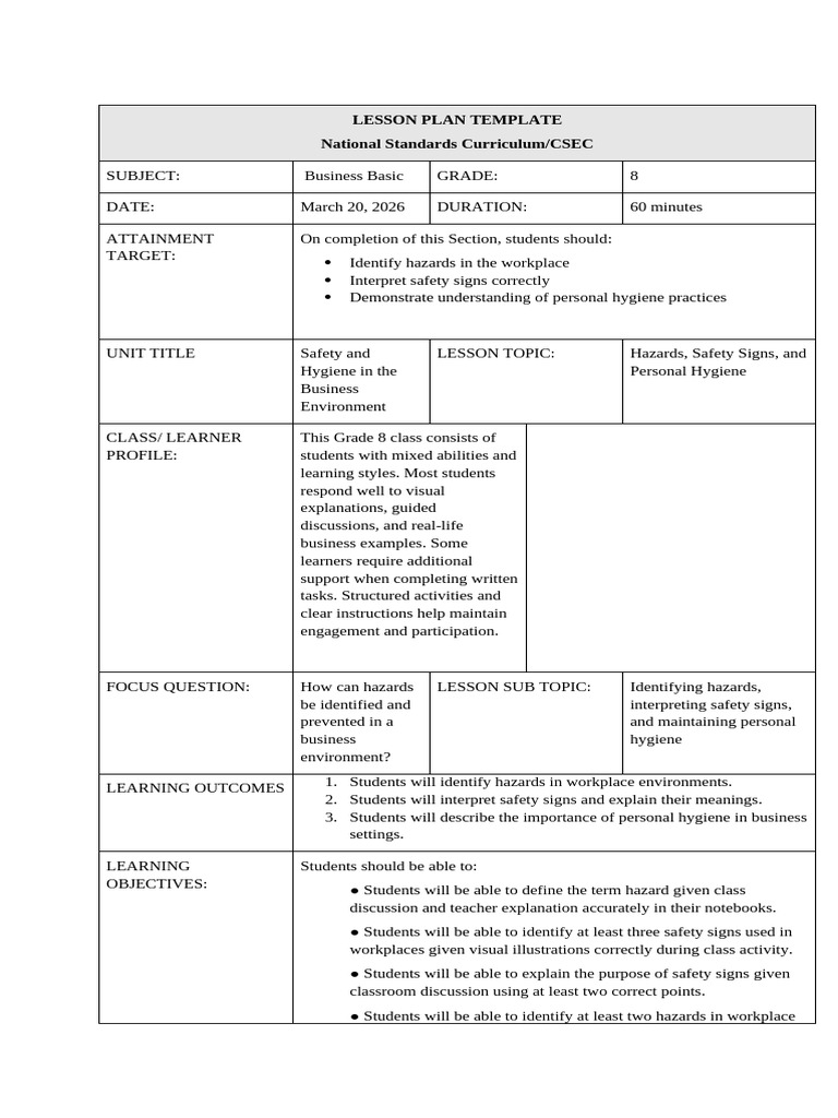 BB Lesson Plan Grade 8 March 20 2026 | PDF | Lesson Plan | Curriculum