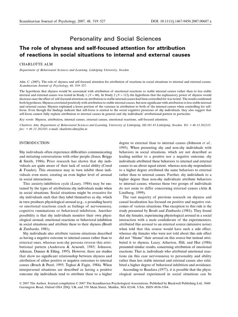 Shyness and Attribution 2007 | PDF | Shyness | Attention