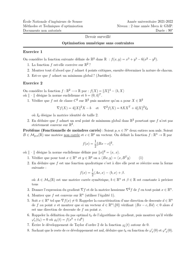 Devoir Surveille Optimisation 2022 | PDF | Optimisation mathématique ...