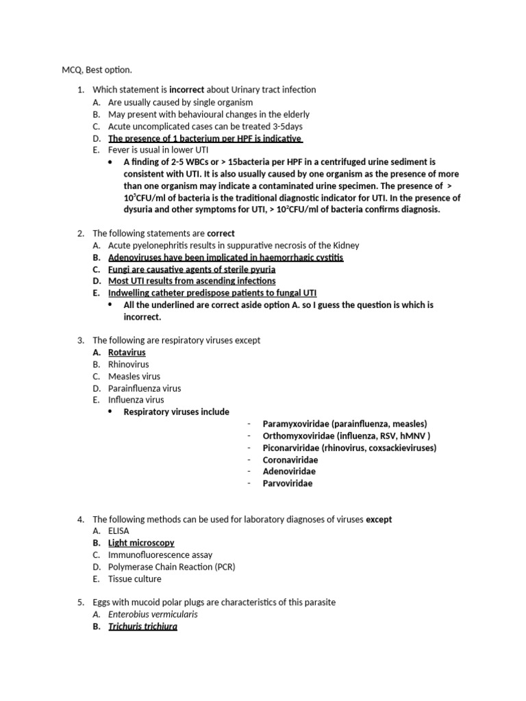 MMP Resit Test-MCQ With Answers | PDF | Urinary Tract Infection ...