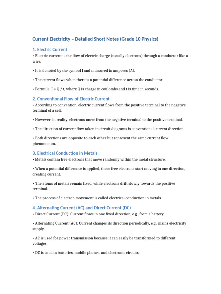 Current Electricity Detailed Short Notes Grade10 | PDF | Voltage ...