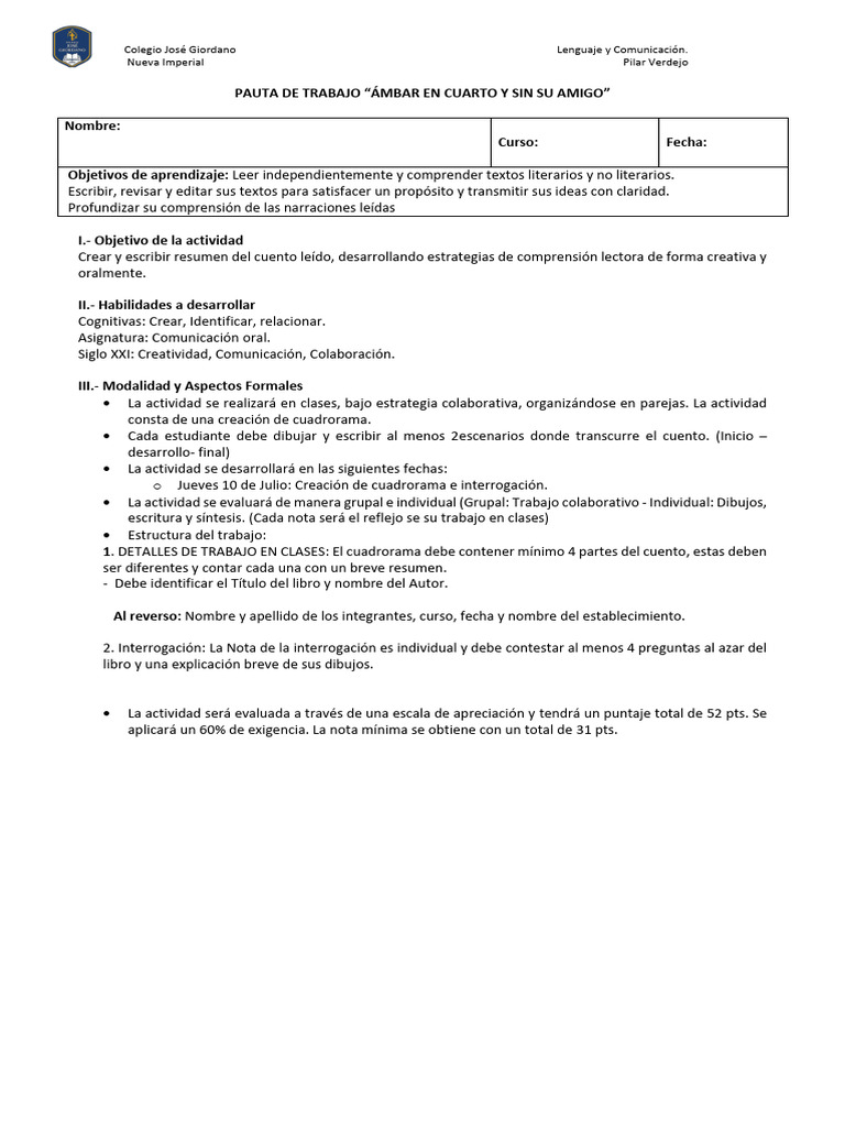 Pauta de Trabajo Amabar en Cuarto Sin Su Amigo | PDF | Comunicación ...