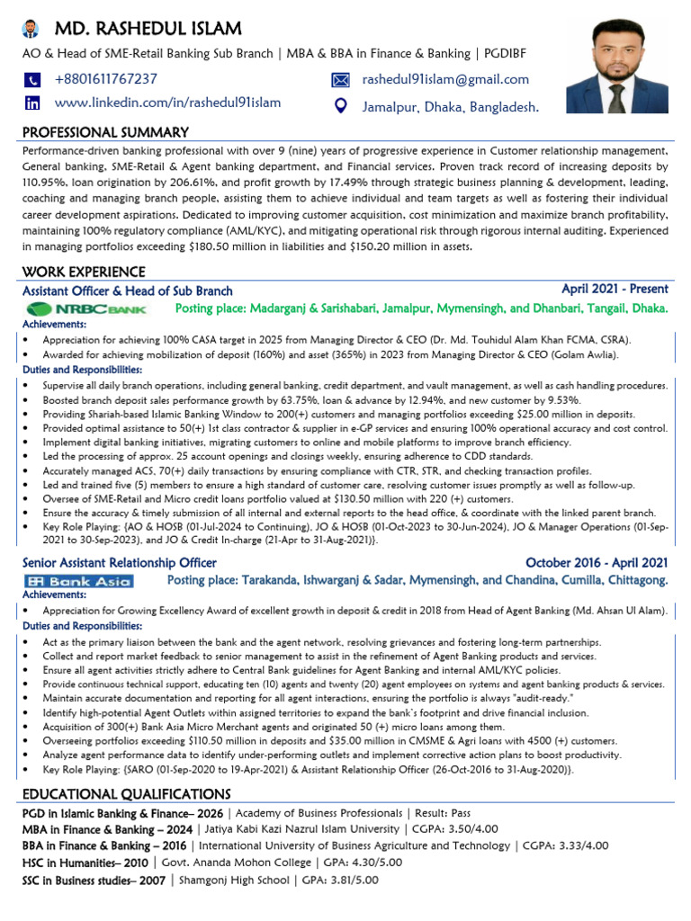 CV of MD Rashedul Islam | PDF | Banks | Business