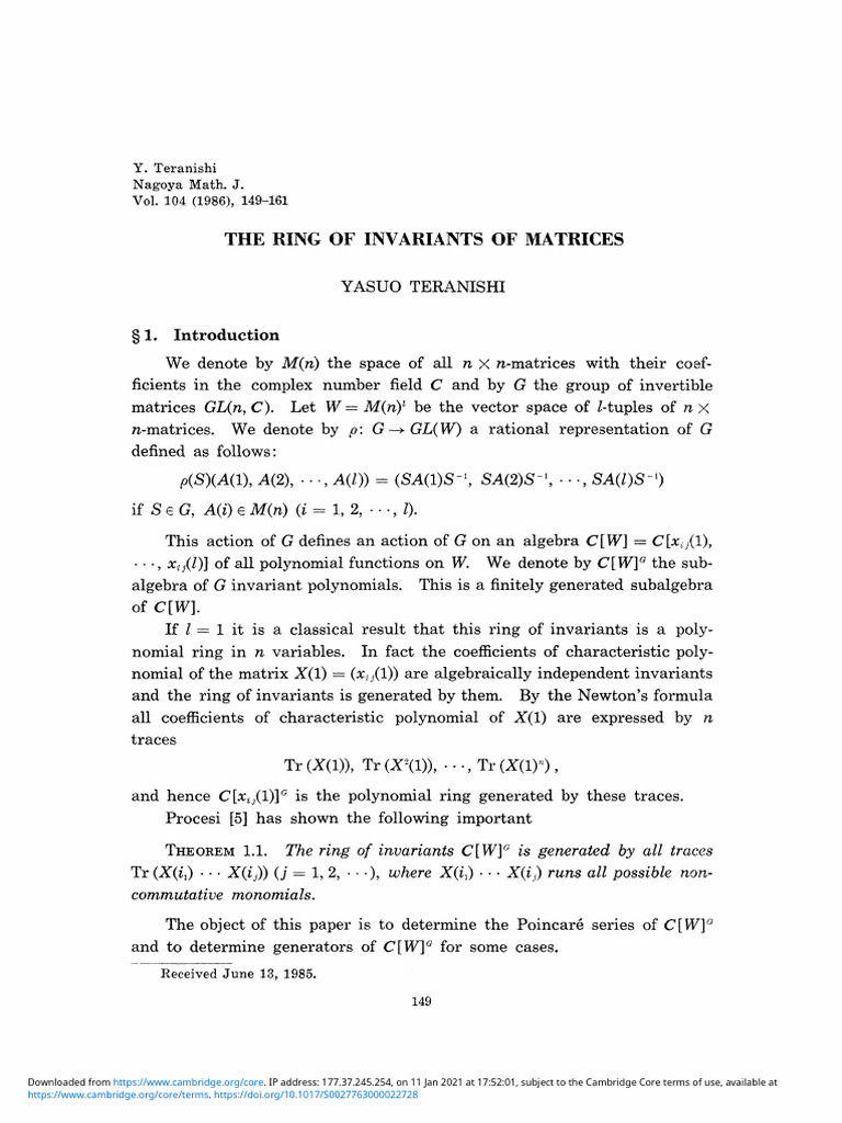 The Ring of Invariants of Matrices | PDF | Ring (Mathematics) | Matrix ...