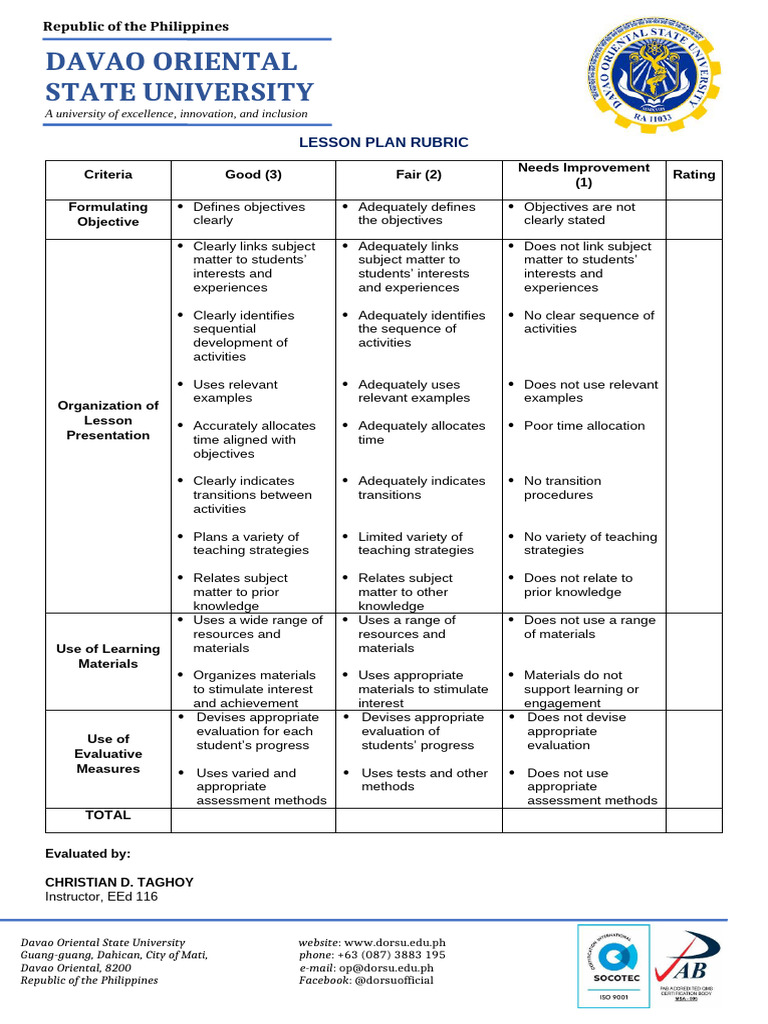 Lesson Plan Rubric | PDF | Educational Assessment | Cognition