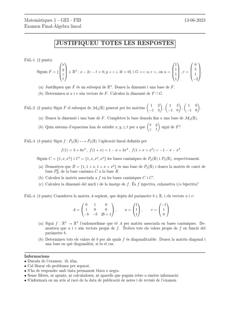 Examen Resolt Àlgebra Lineal UPC FIB Primavera 2023 | PDF