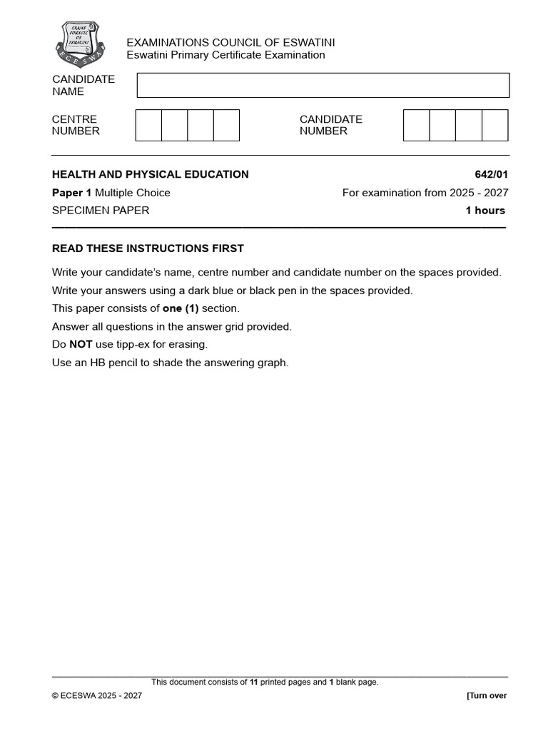 EPC Health and Physical Education Specimen 2025 2027 Question Paper ...