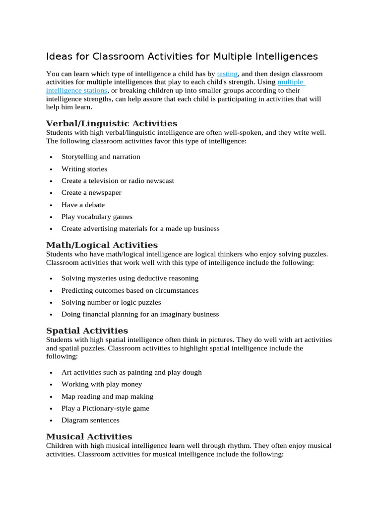 Ideas For Classroom Activities For Multiple Intelligences | PDF ...