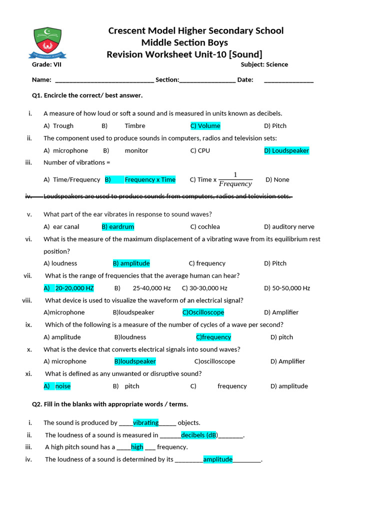 Worksheet Sound (Answers) | PDF