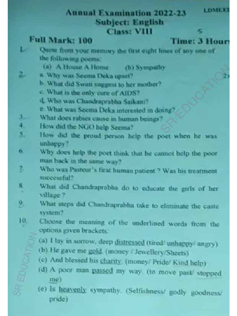 English Question Paper-Annual Exam SR EDUCATION | PDF