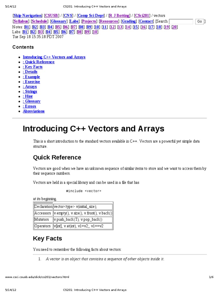 Introducing C++ Vectors and Arrays: Quick Reference | PDF | Array Data ...