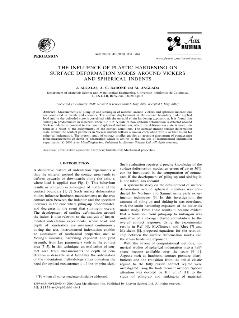 The Influence of Plastic Hardening on Surface Deformation Modes Around ...