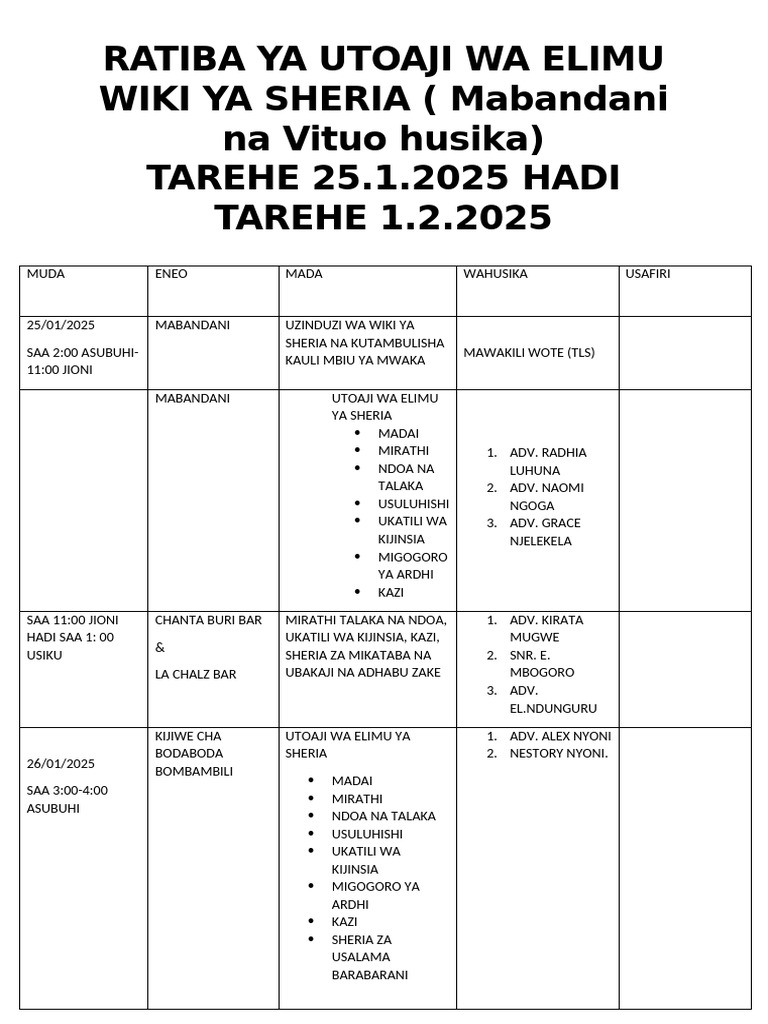 Ratiba Ya Utoaji Elimu Wiki Ya Sheria | PDF
