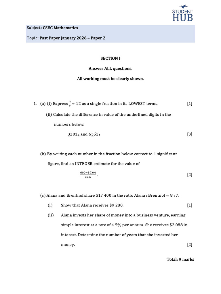 CSEC Maths - Paper 2 - January 2026 | PDF | Mathematical Analysis ...