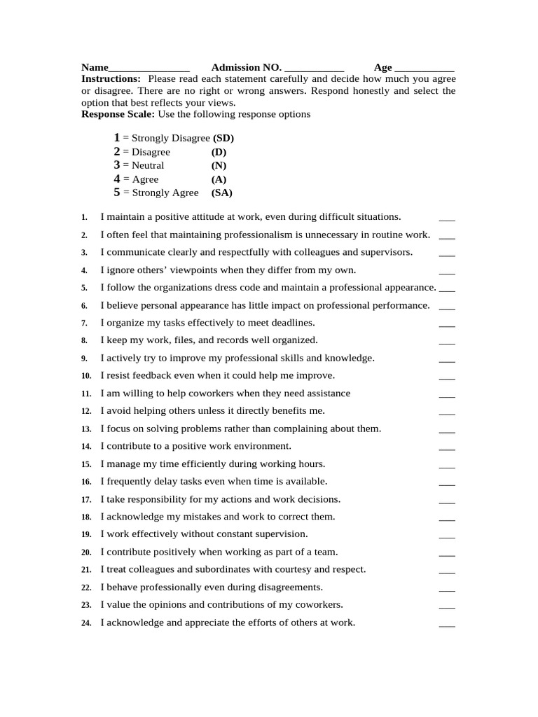Professionalism Assessment Questionnaire | PDF