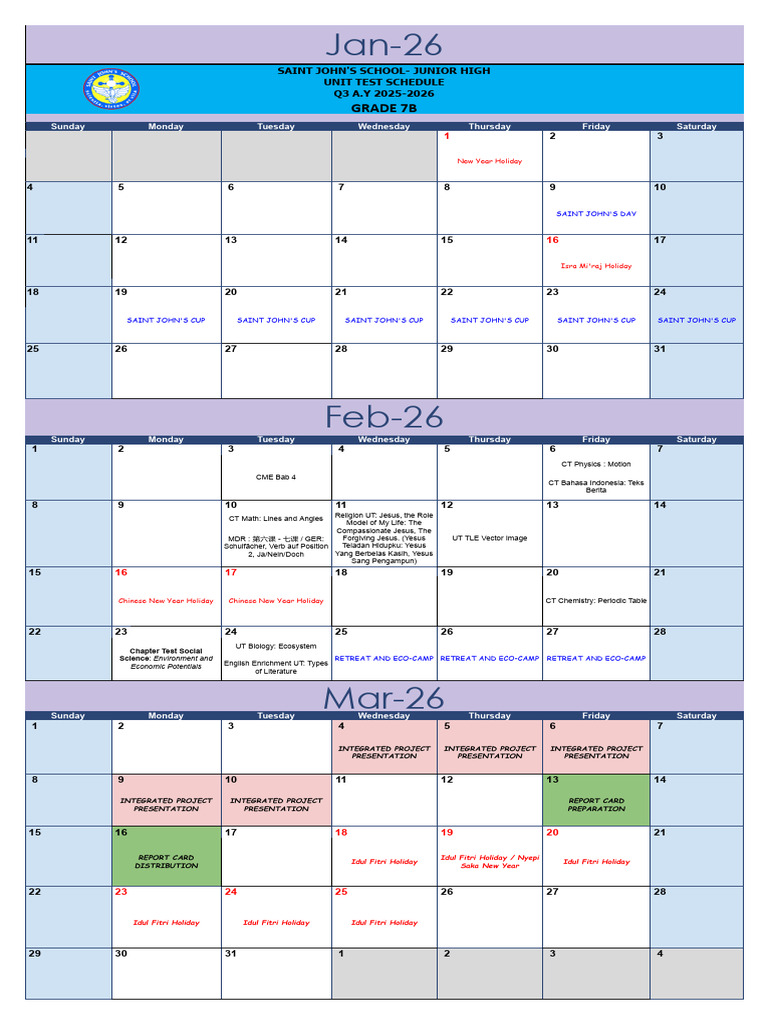 7b JH - q3 Unit Test Schedule Ay 2025-2026 | PDF