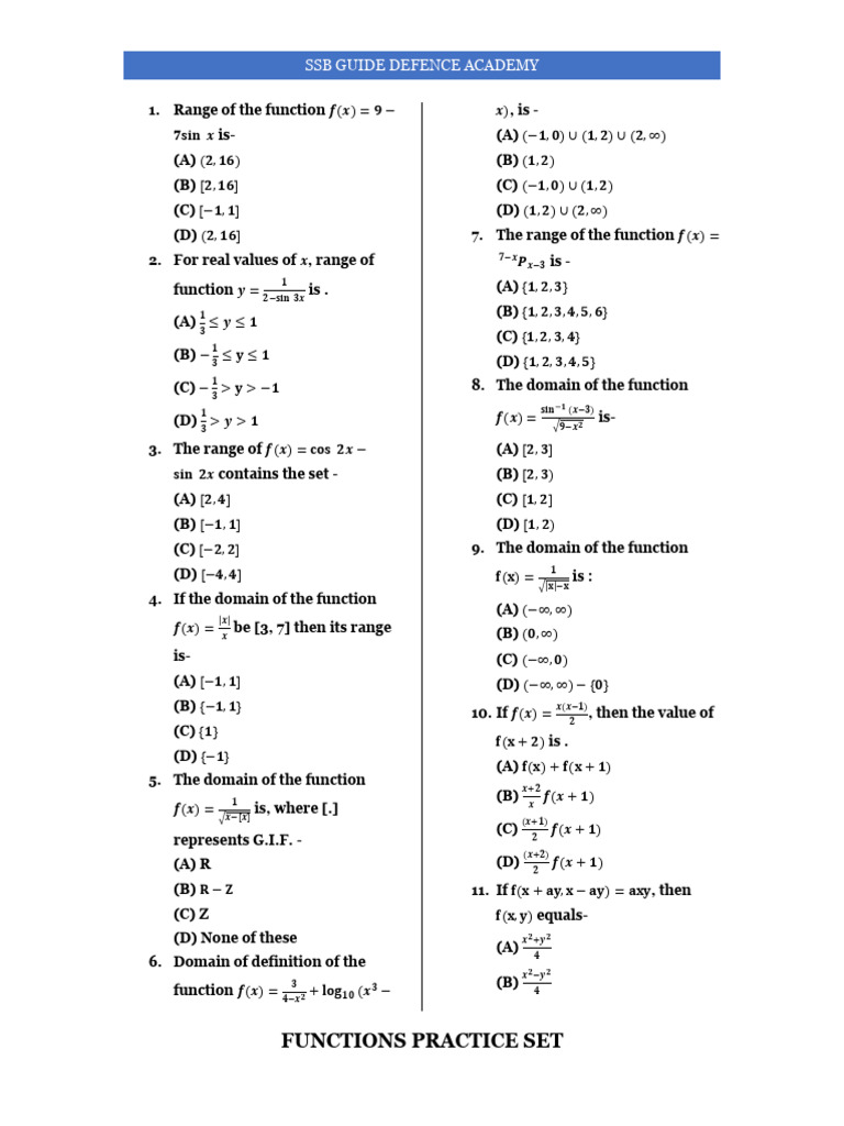 Functions Practice Set | PDF | Function (Mathematics) | Functions And ...