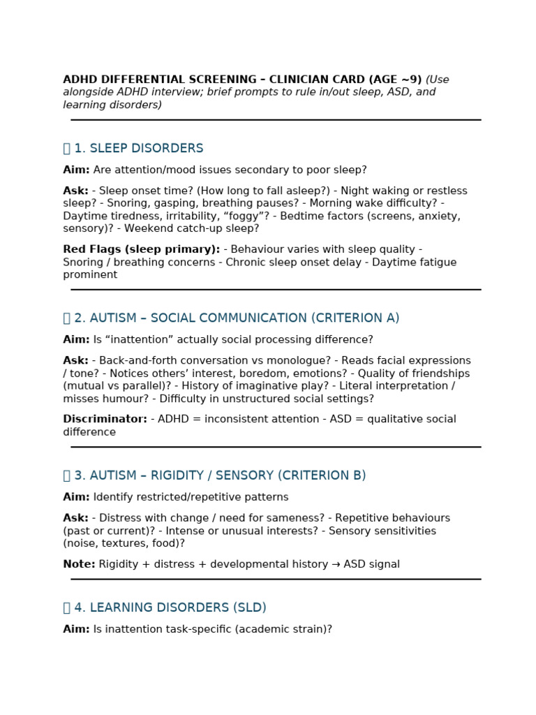 Adhd Differential Screening Clinician Card (a4) | PDF