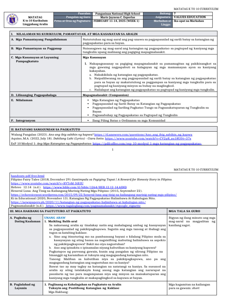 Dll Matatag Values Education 7 q4 w1 | PDF