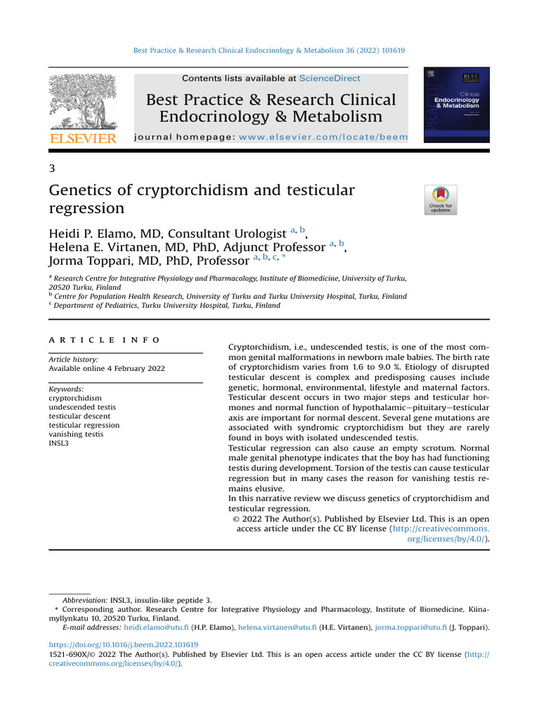 Genetics of Cryptorchidism and Te 2022 Best Practice Research Clinical ...