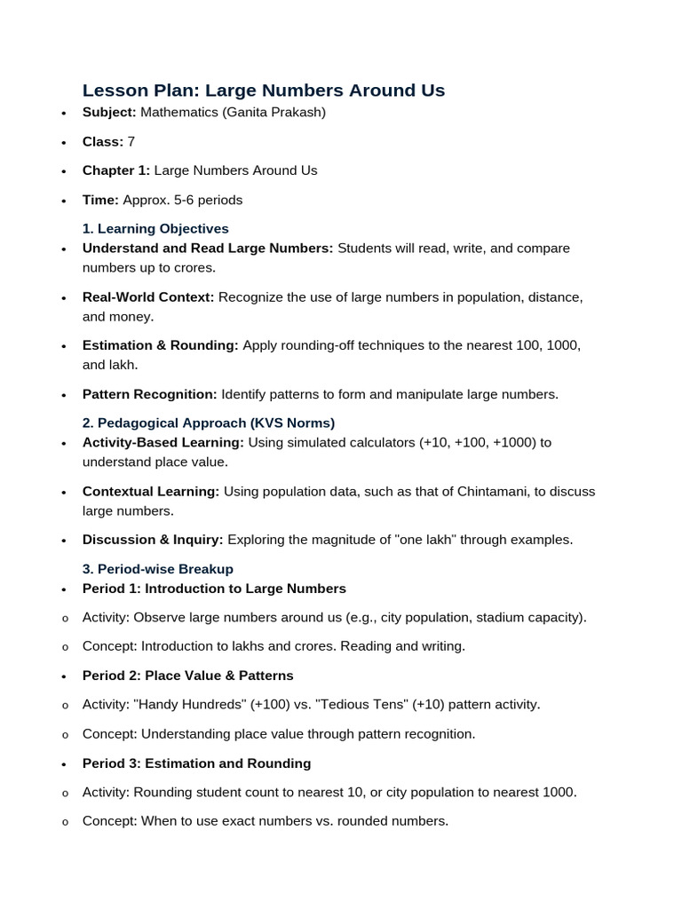 Lesson Plan. Class 7 Maths | PDF