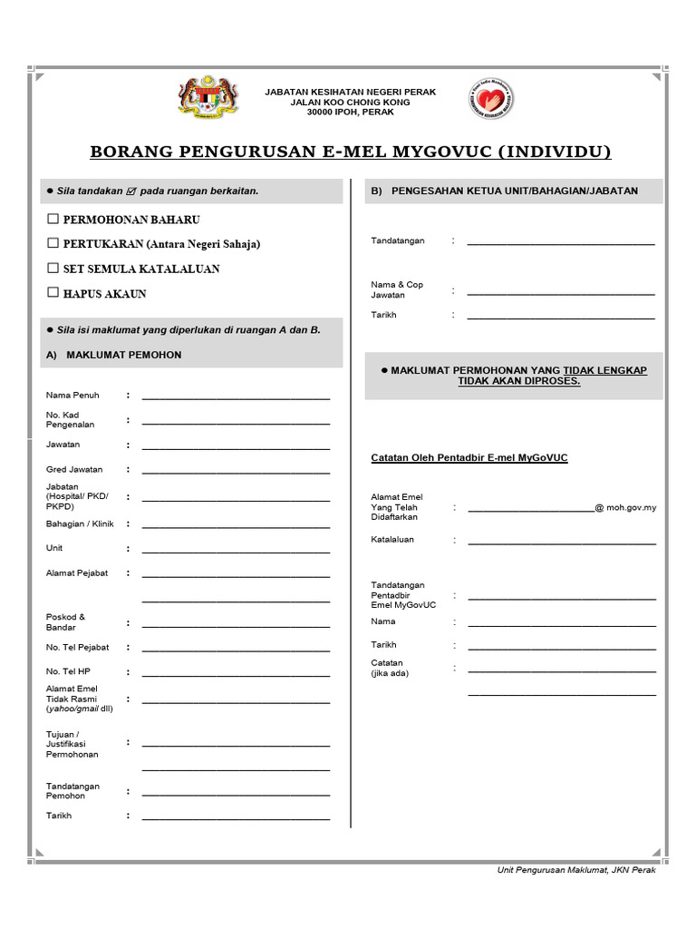 Borang Pengurusan E-mel Mygovuc Individu | PDF