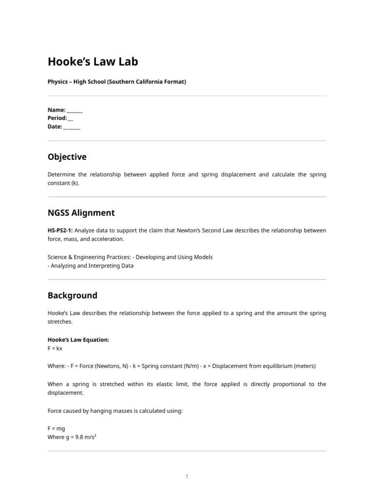Hookes Law Lab Printable | PDF