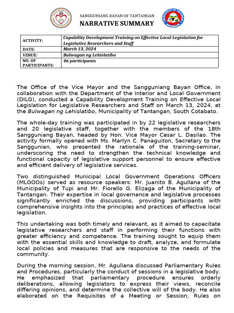 Narrative Summary- Capability Development Training on Effective Local ...