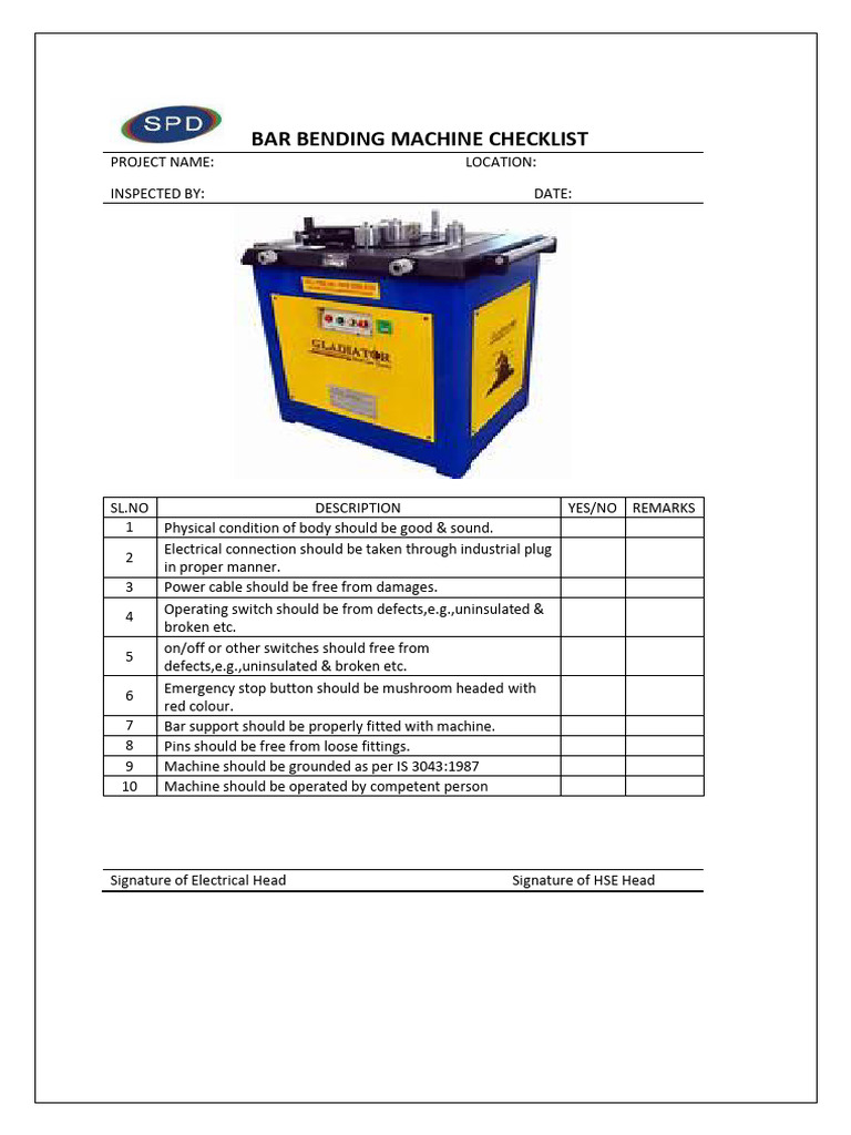 Bar Bending Machine Checklist | PDF