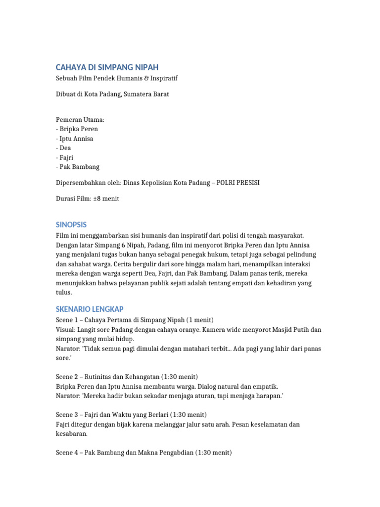 Cahaya Di Simpang Nipah Film Script Production Notes | PDF