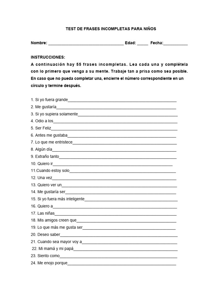 Test de Frases Incompletas Para Niños | PDF