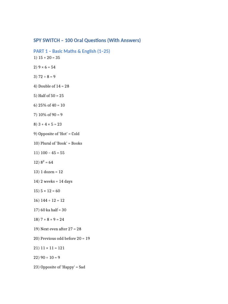 SPY SWITCH 100 Oral Questions | PDF