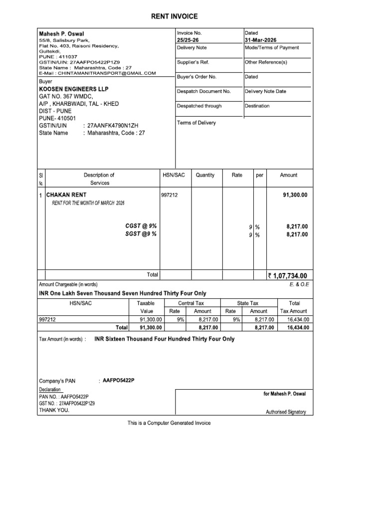 Koosen Engg March 26 Rent Invoice | PDF