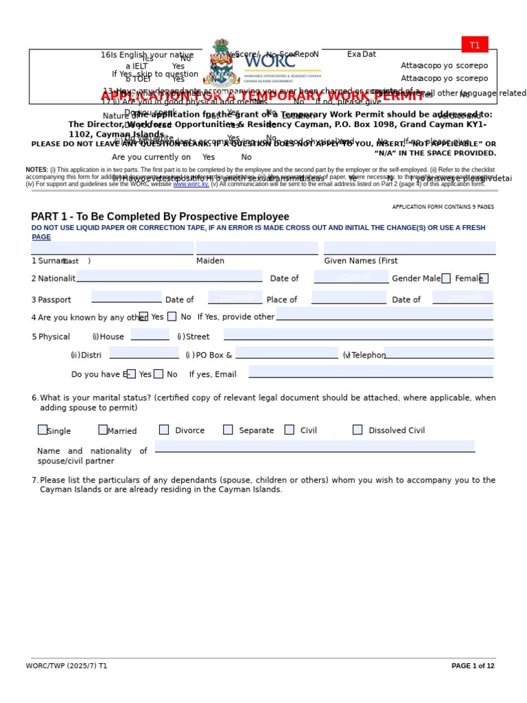 T1 Temporary Work Permit REVISED JULY 2025 REV - Fillable-1 | PDF ...