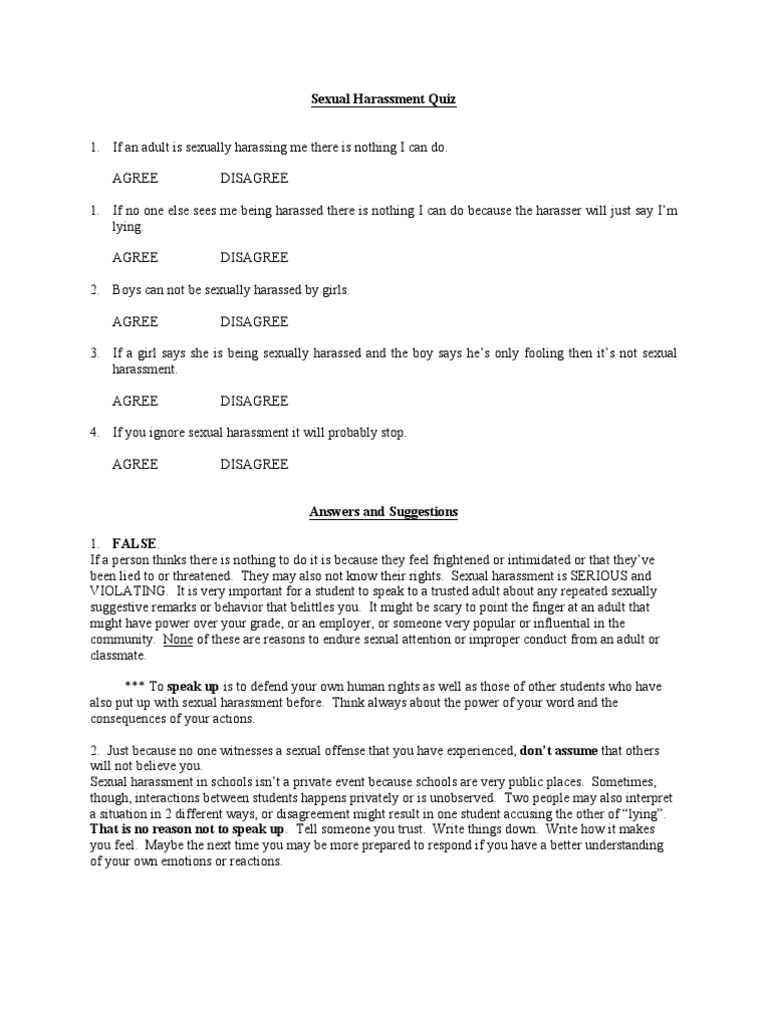 Sexual Harassment Quiz Information Worksheet Sexual Harassment Harassment