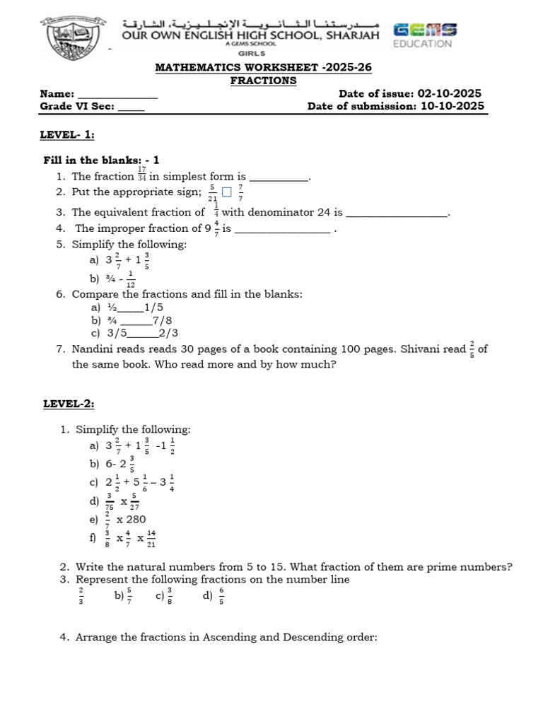Gr6 2025-26 Math Fractions Worksheet 2025-26 | PDF