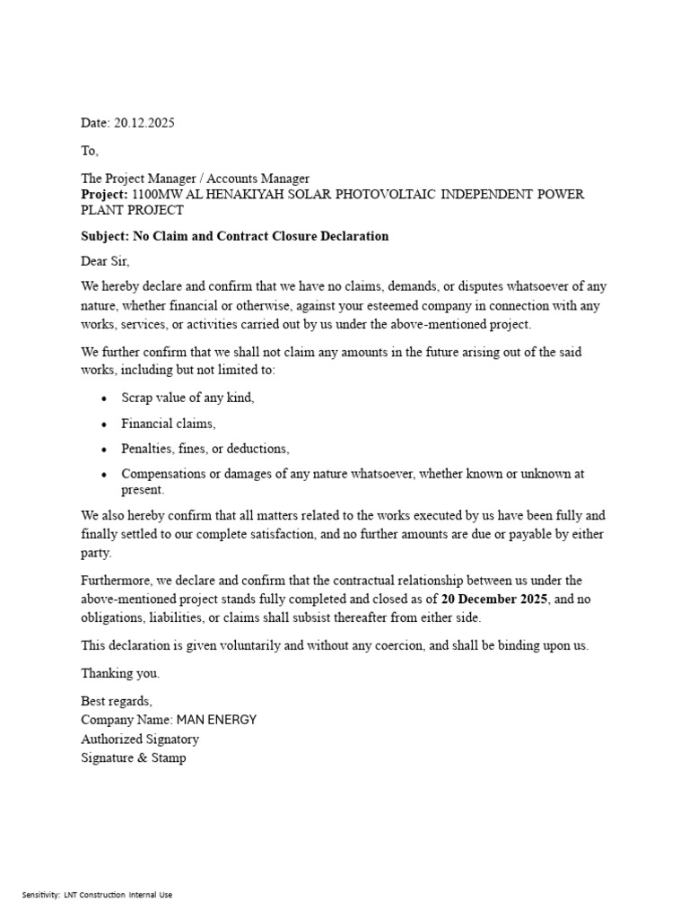 Subject- No Claim Declaration -- MAN ENERGY | PDF