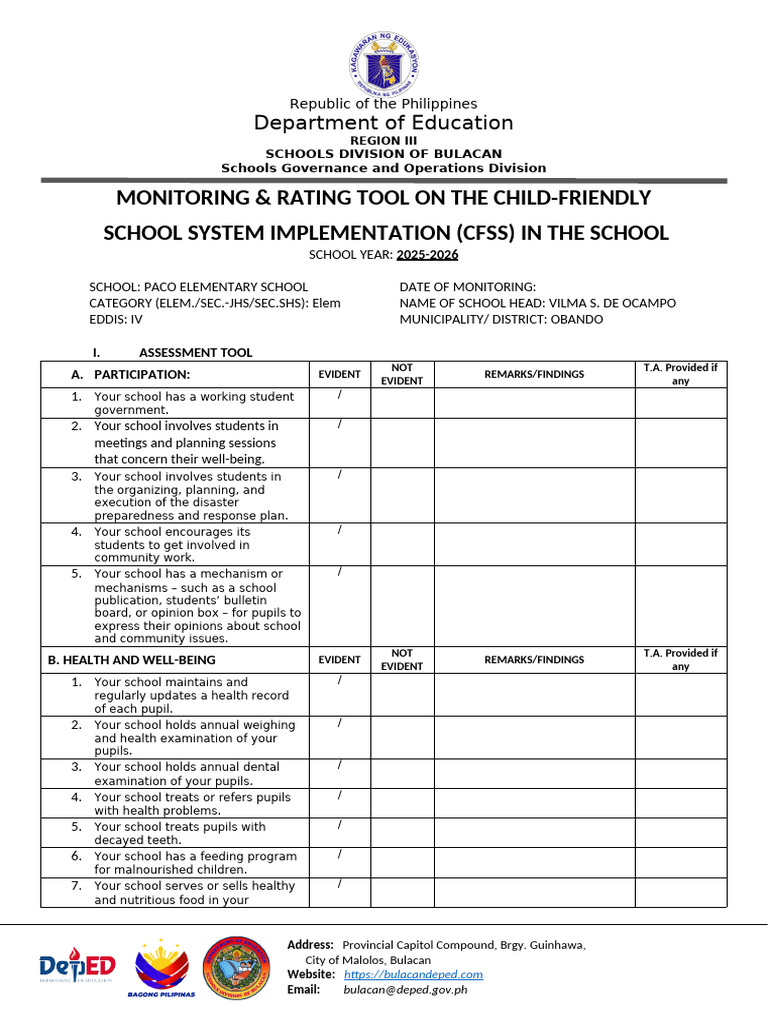 Cfss Implementation Self Assessment | PDF | Teachers