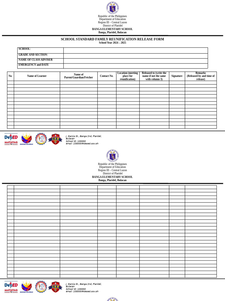 School Family Reunification Release Form | PDF