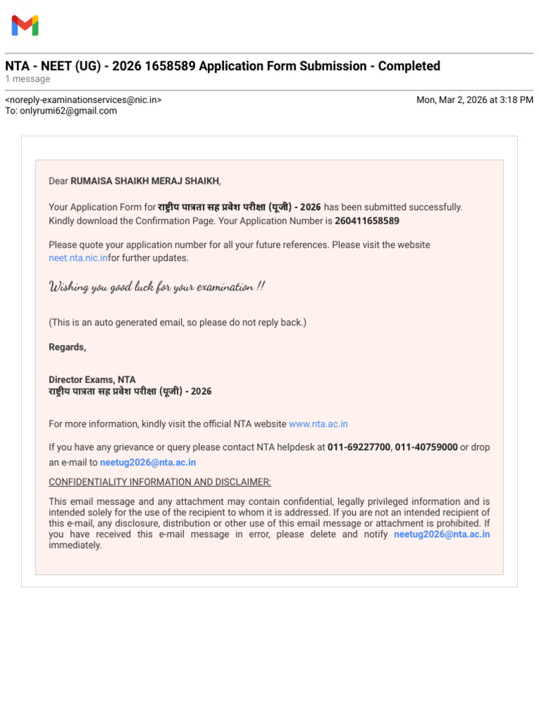 Gmail - NTA - NEET (UG) - 2026 1658589 Application Form Submission ...